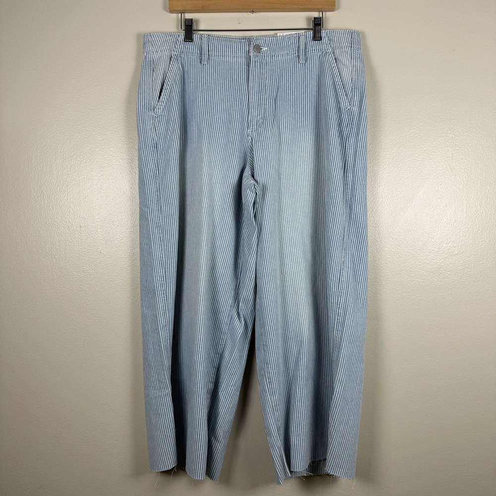 Sonoma‎ Women's 16 Wide Leg Striped Pants Blue White Mid Rise Relaxed Raw Hem